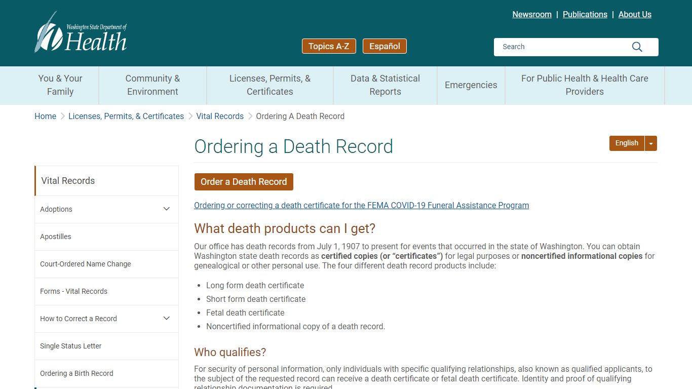 Ordering a Death Record | Washington State Department of Health